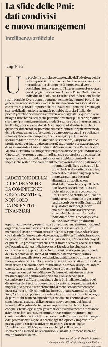 Articolo de Il Sole 24 Ore “La sfida delle PMI: dati condivisi e nuovo management” – contributo del Presidente Luigi Riva